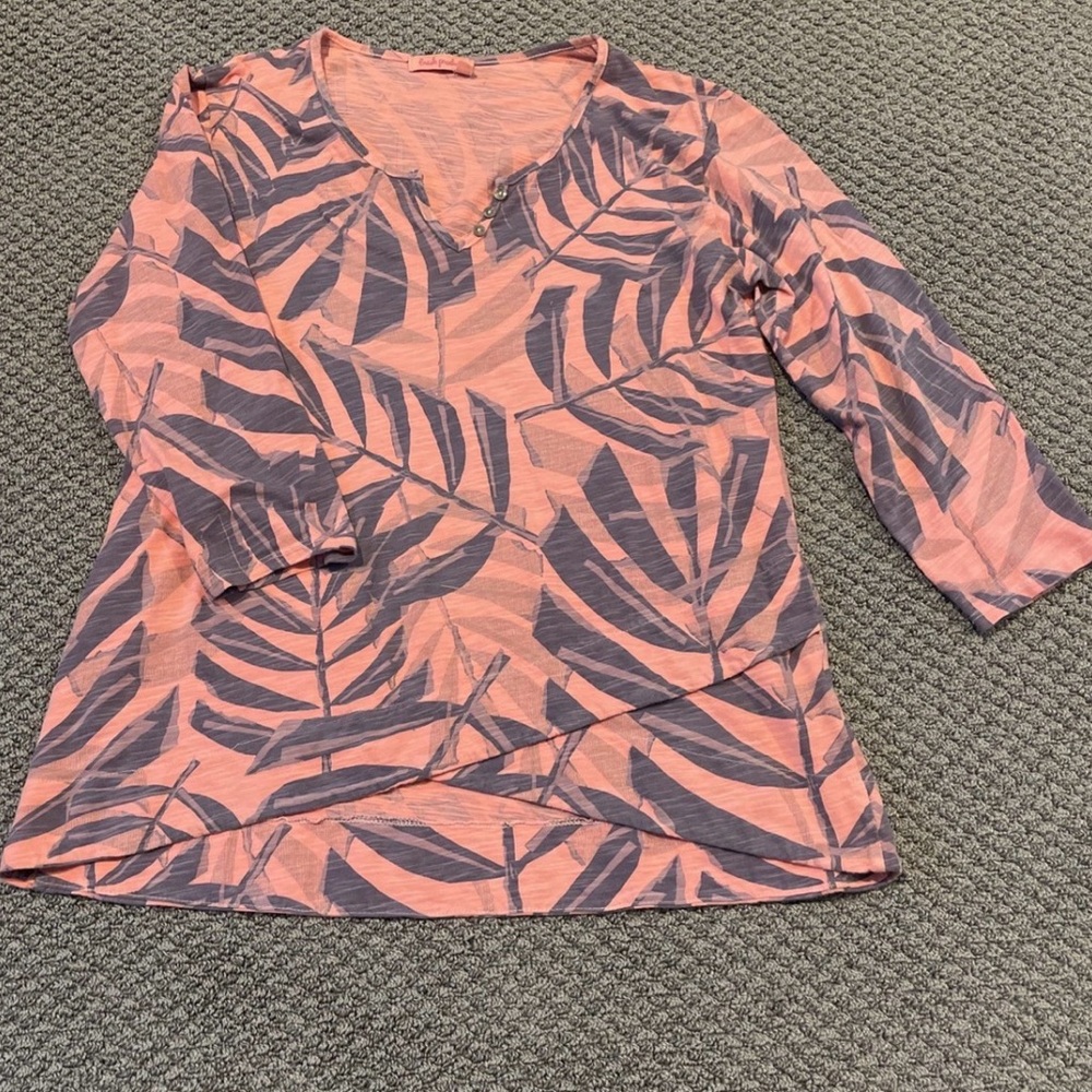 Coral and Purple Leaf Print Women's Top - Fresh Produce - large - 3/4 sleeve